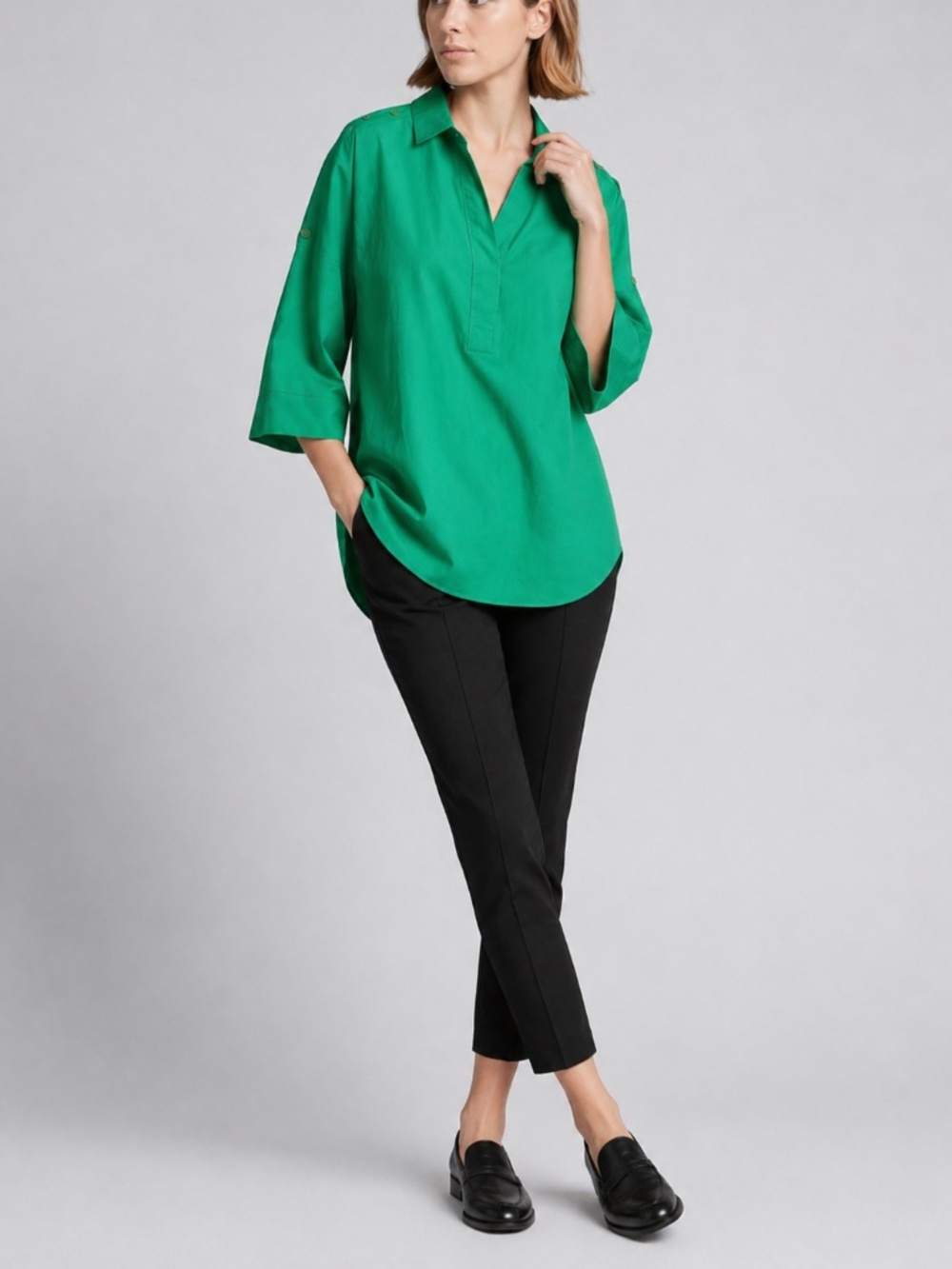 Akris Punto Kimono Sleeve Blouse Green Split Neck Luxury Top Women Size 10